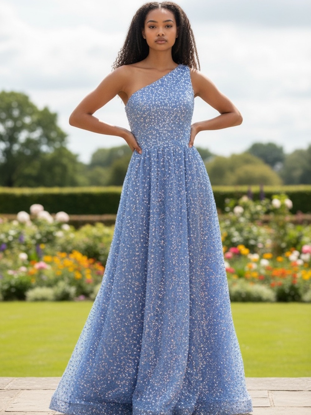 Sequin Velvety One-Shoulder Evening Gown in Periwinkle Blue.